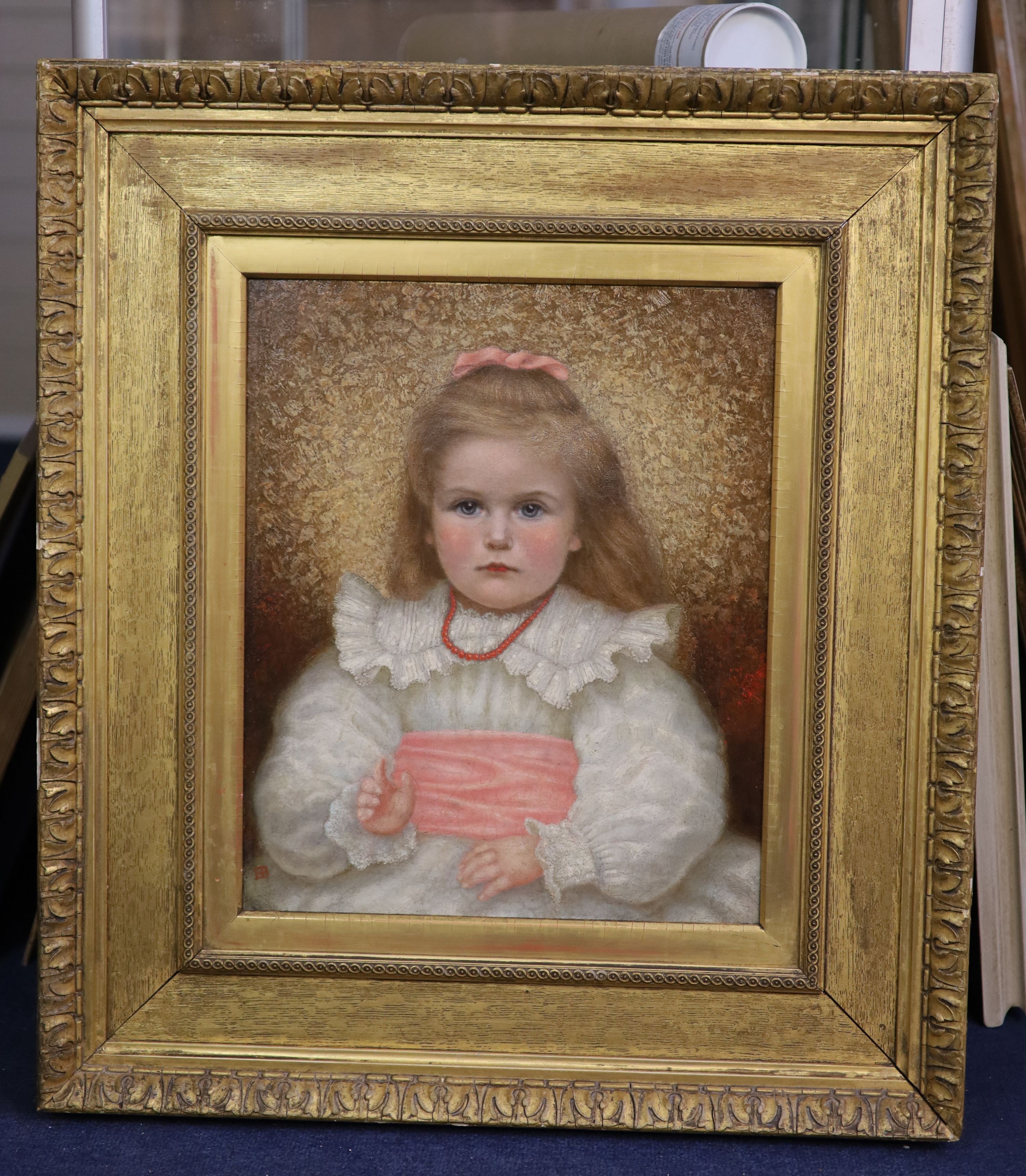 E.B. circa 1900, Portrait of a girl wearing a pink bow, oil on canvas, 43 x 35cm
